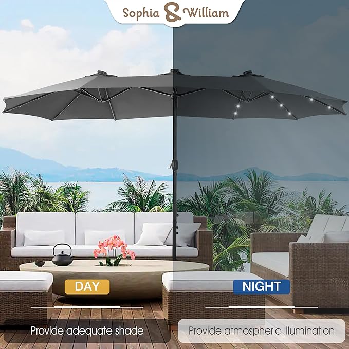 Sophia & William 15 ft Extra Large Patio Umbrella with Solar Lights, Rectangular Outdoor Umbrella with Base Included, Market Umbrella Double-sided Heavy Duty for Pool Garden Backyard, Smoky Gray