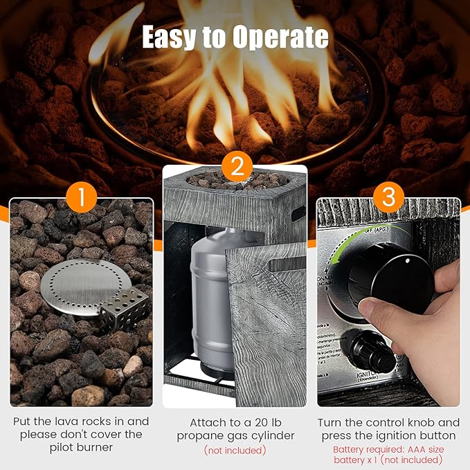 Tangkula 16 Inch Patio Propane Fire Pit, Patiojoy Electronic Ignition Square Gas Fireplaces with Protective Cover, 30,000 BTU Outdoor Fire Pit with Lava Rocks, Touch-up Pen for Backyard, Patio (Grey)