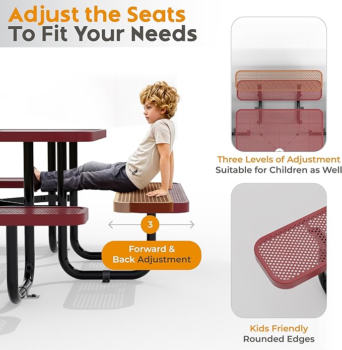 Metal Picnic Tables for Outdoors with Umbrella Hole - Coated Steel Heavy Duty Commercial Grade Furniture with Adjustable Seats (Red, 46 in, Square, Punched Steel)