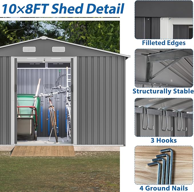 Favfurish Outdoor Storage Shed 10x8 FT with Lockable Sliding Doors,Metal Waterproof Tool Sheds W/Sloped Roof and Vent,for Backyard,Patio,Lawn,Grey