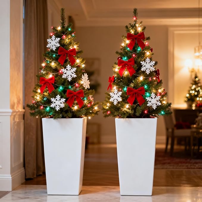 GreenShip 27" Tall Planters, Set of 2 – Black Outdoor Planter for Front Porch & Tall Plants, Weather-Resistant, with Drainage Hole & Rubber Plug (No Plants Included) (White-2pcs)