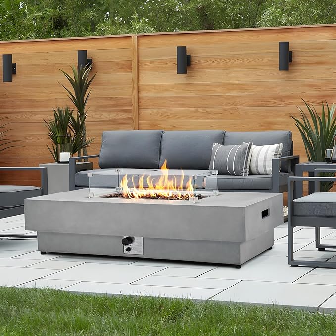 60 Inch Outdoor Propane Fire Pit Table with Wind Guard, 50,000 BTU Natural Gas Firepit for Outside Patio Rectangular Concrete Fire Table with Steel Lid, Lava Rock, Rain Cover