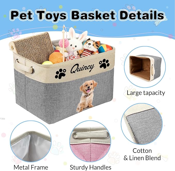Personalized Dog Toy Storage Basket Bin with Name Photo Custom Pet Collapsible Organizer Box Container for Toys Coats Clothing Blankets