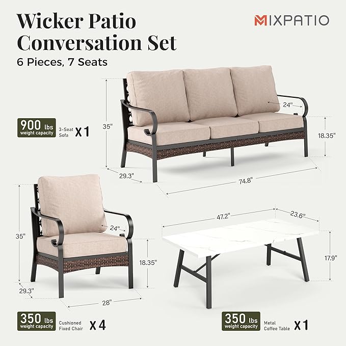 Patio Furniture Set with Coffee Table, Outdoor Conversation Set with 4 x Fixed Chairs, 1 x 3-Seat Sofa for Lawn Garden Backyard, Beige