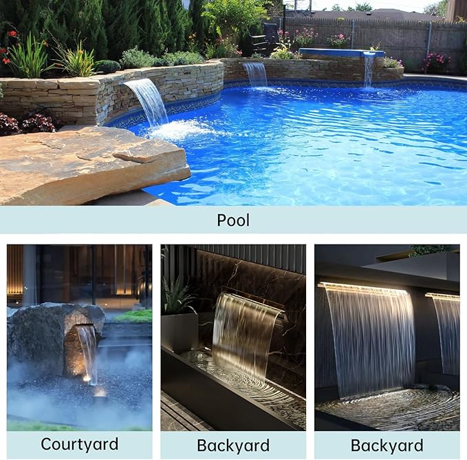 Waterfall Spillway Stainless Steel Pond Waterfalls with Color Changing LED Light, Outdoor Pool Fountain Water Feature Kit for Garden Patio Swimming Pool Koi Ponds Decor-24"x8"x4"