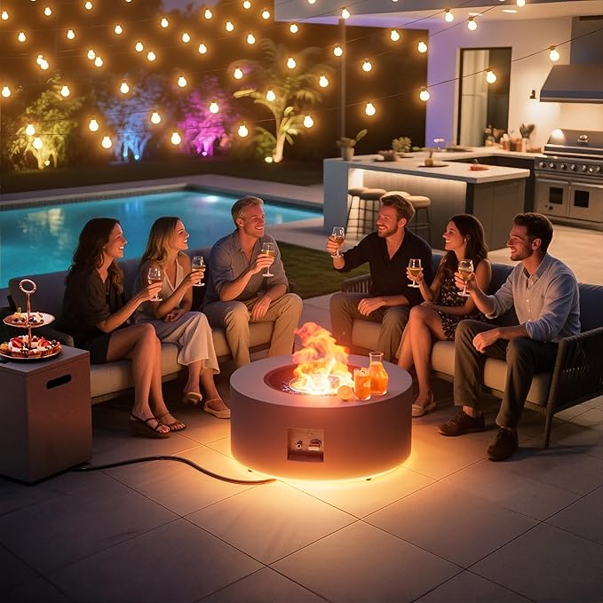 Dineli 2-Piece Outdoor Propane Fire Pit Table Set w Tank Table 30'' Round Fire Pit Table 2-in-1 Firepit Table for Outside Patio Gas Fire Pit w LED, 50,000 BTU, Dark Gray with Warmlight