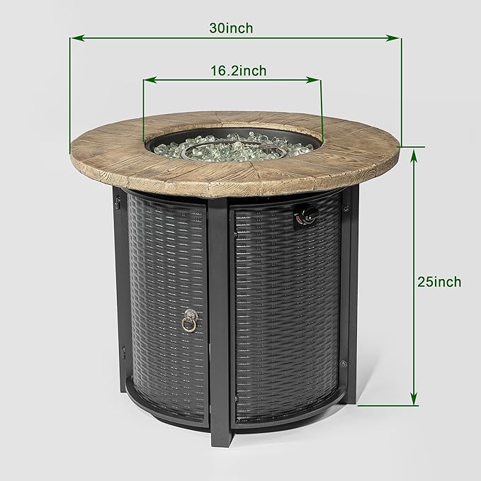 30" Round Propane Fire Pit Table, 50,000 BTU Outdoor Steel Patio Heater with Wood Grain Finish for Deck Garden & Backyard Use, Steel Lid & Lava Rock Included