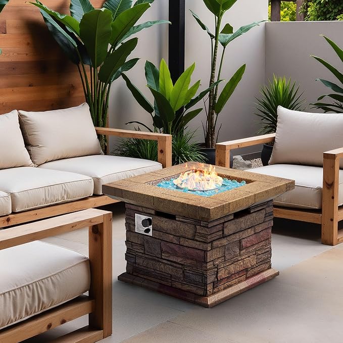 32" Outdoor Propane Fire Pit, Square Stonecrest Gas Firepit for Outside Patio, Concrete Propane Fire Table 50,000 BTU Gas Fire Pits with Lava Rocks, CSA Certified, Blue Fire Glass