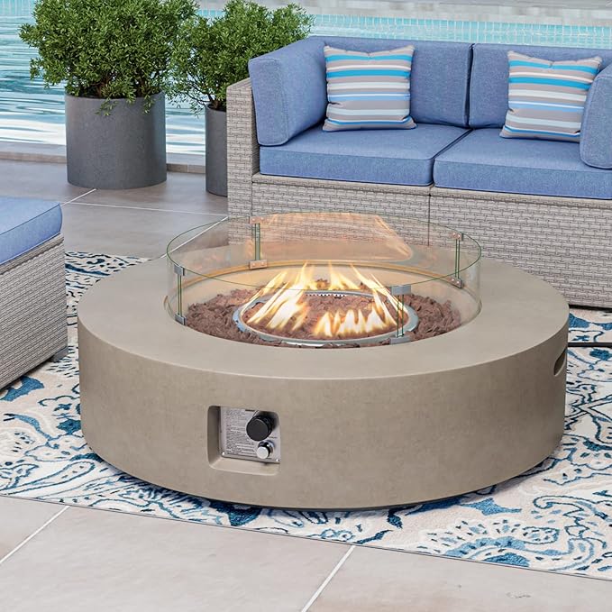 COSIEST Outdoor Propane Fire Pit Coffee Table w Gray 42 inch Round Base Patio Heater, Certified, 50,000 BTU Stainless Steel Burner, Wind Guard, Tank Outside, Free Lava Rocks, Waterproof Cover