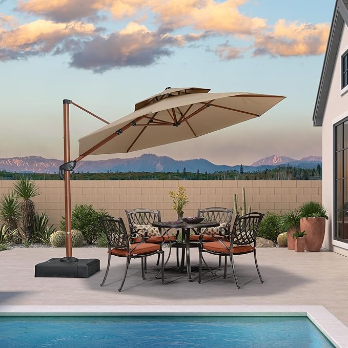 PURPLE LEAF 11ft Patio Umbrella Cantilever Umbrellas Outdoor Round Wood Umbrella Offset Umbrellas Heavy Duty Sun for Garden Deck Pool, Deep Beige