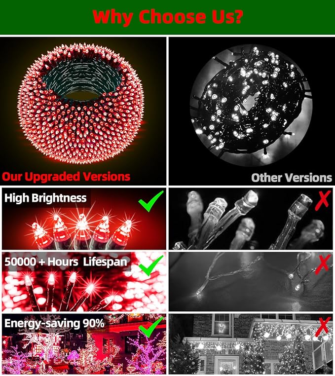 1500 LED 470FT Christmas Lights Outdoor,12 Lighting Modes Christmas String Lights with Timer, Dimmable Plug in Red LED StringLights Waterproof for Yard Tree Wedding Party Holiday Red