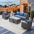 HUMMUH 7 Piece Patio Furniture Set Outdoor Sectional Sofa,High Back Patio Swivel Rocker Chairs with Ottomans Coffee Table for Porch,Garden,Backyard(Brown/Blue)