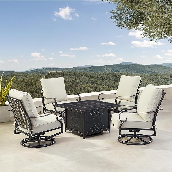 Oakland Living Black Aluminum Patio Fire Table Set with Four Club Chairs, Cushions and Wind Blocker