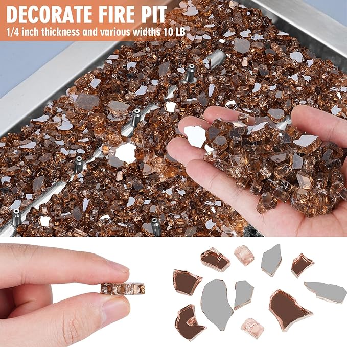 Mesida Fire Glass for Propane Fire Pit - 10 lb Reflective High Luster Glass Rocks, Copper 1/4-Inch Fire Pit Glass for Indoor/Outdoor Fireplace & Fire Table, Tempered Decorative Firepit Rocks