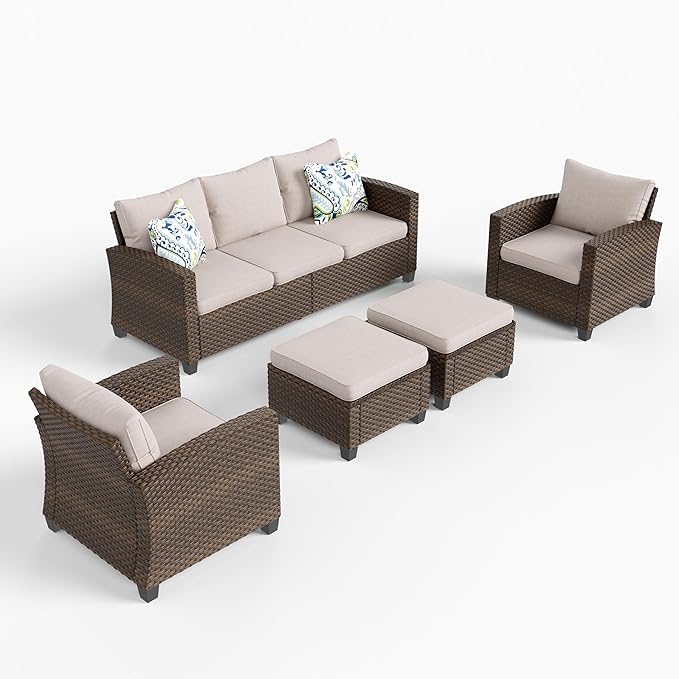 HERA'S HOUSE Patio Furniture Set, 5 Pieces Outdoor Wicker Furniture, All Weather Rattan Patio Conversation Set, Deep Seating Outdoor Sofa Sets for Lawn Deck Backyard, Brown/Beige