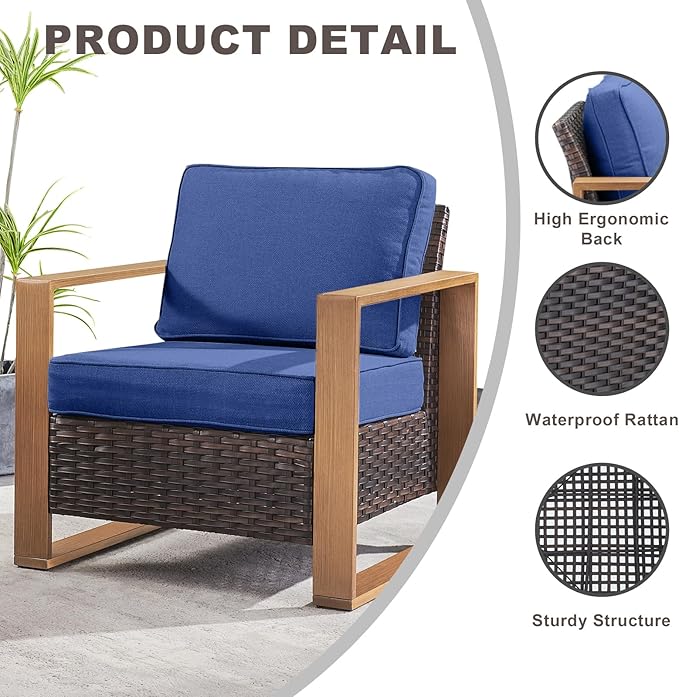 Rilyson 3 Piece Wicker Patio Furniture Set,Patio Bistro Set with 2 Rattan Armrest Chairs and 1 Side Table,Sturdy Frame,All-Weather PE Wicker,Wide Armrest,Deep Seating and Thick Cushions(Brown/Blue)