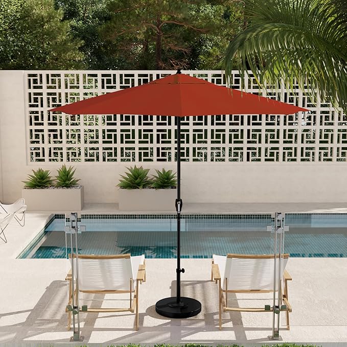 California Umbrella 9' Rd Aluminum Patio Umbrella, Crank Lift, Auto Tilt, Black Finish, Sunbrella Jockey Red