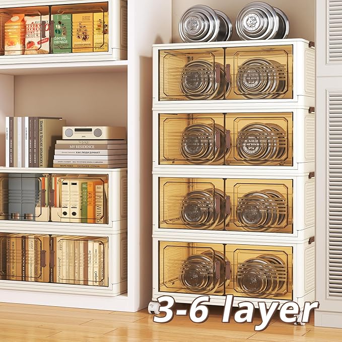 Extra Large Stackable Storage Bins, Folding Plastic Boxes with Magnetic Doors and Wheels, 6 Pack Stackable Containers, Collapsible Closet Organizer Cubes for Bedroom, Dorm, Garage, Christmas Gift