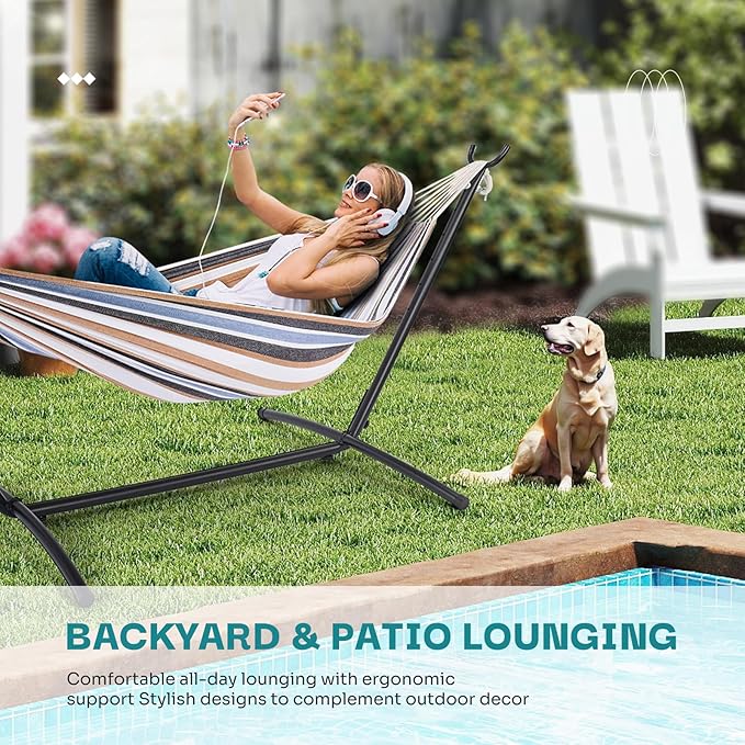 NEWBULIG Double Hammock with Stand, Heavy Duty Portable Hammocks for Outdoor Indoor Patio Camping, Space Saving Design & Carry Bag, Easy Assembly, 450lb Weight Capacity
