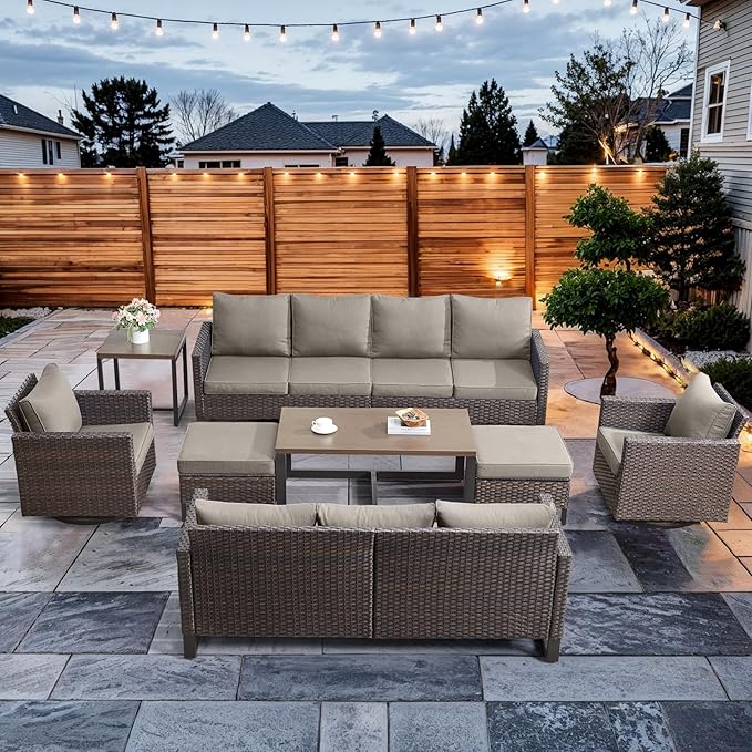 HUMMUH 9 Piece Patio Furniture Set Outdoor Sectional Sofa,High Back Patio Swivel Rocker Chairs with Ottomans Coffee Table for Porch,Garden,Backyard(Brown/Grey)