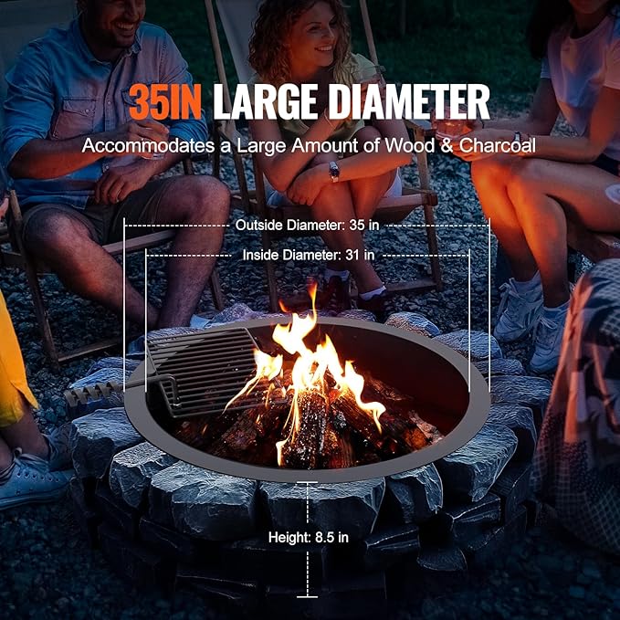 VEVOR Fire Pit Ring, Fire Pit Insert with Barbecue Fire Ring, 35-in Outer/31-In Inner Diameter, 8.5in Height, Carbon Steel Liner DIY Campfire Ring Above/In-Ground, for Outdoor Camping, Bonfires