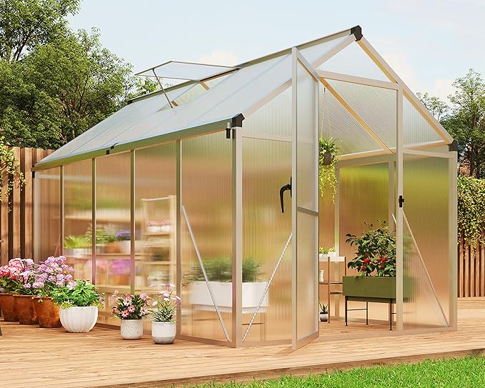 6 x 10 ft Greenhouse, Greenhouses for Outside, Polycarbonate Greenhouse with Aluminum Frame, Lockable Door and Ajustable Roof Vent for Backyard, Green Houses for Outside Garden Backyard, Patio