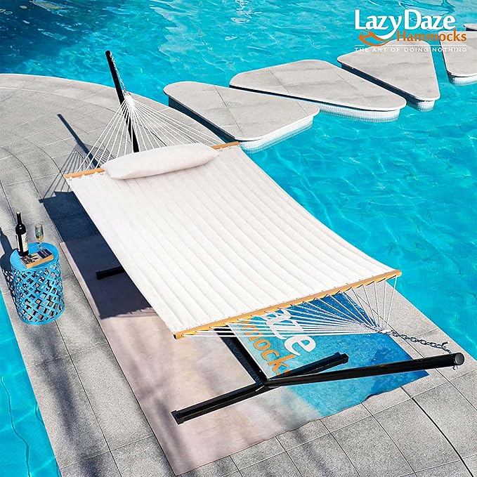 Lazy Daze Hammocks 12 FT Sunbrella Quilted Hammock Double Hammock with Hardwood Spreader Bar, for Patio Outdoor Outside All Weather, 450 lbs Capacity, Cream