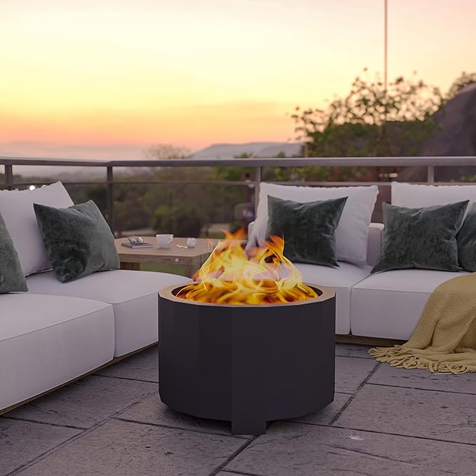 Flash Furniture Titus Commercial Grade Wood Burning Smokeless Outdoor Firepit - Black Finish - 27 inches - Portable - Waterproof Cover