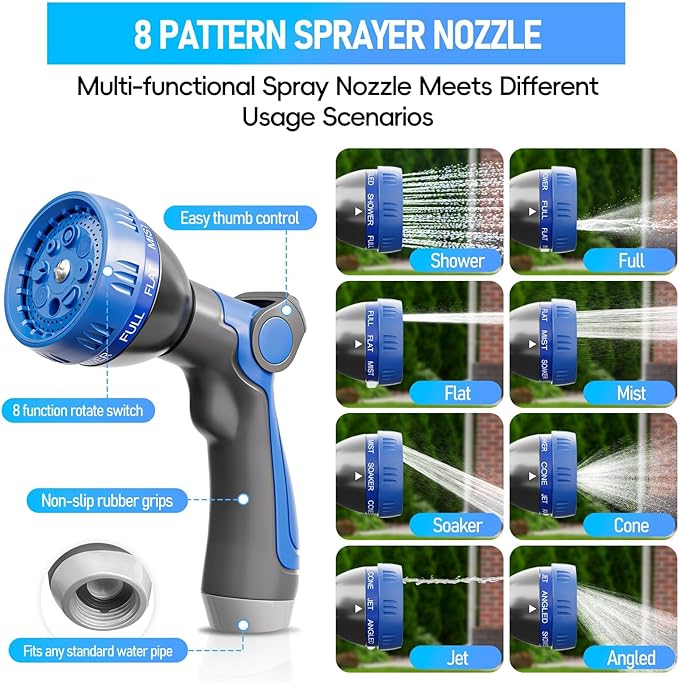 SPECILITE Garden Hose 100ft, 3-Layer Flexible Water Hose with 8 Pattern Spray Nozzle, Non-Expanding & Lightweight Stainless Steel Hose for Yard, Lawn, Outdoor-Leak Proof, No-kink & Tangle-free