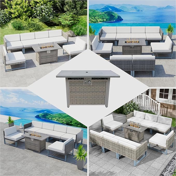 30" Round Propane Fire Pit Table - 50K BTU with Lid, Rocks Tank Storage and Cover - Round Gas Fire Pits for Outside Patio - Outdoor Table with Firepit (Brown, 43" Rectangular)