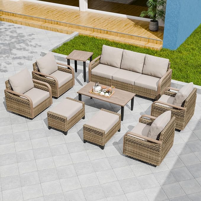 EAGLE PEAK Modern Wicker Outdoor Patio Furniture Set, Patio Conversation Set, 4 Swivel Rocker Chairs, 3-Seat Loveseat, 2 Ottomans, Coffee Table and Side Table, 9 Pieces, Brown/Gray