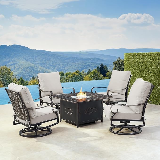 Oakland Living Black Aluminum Patio Fire Table Set with Four Club Chairs, Cushions and Wind Blocker