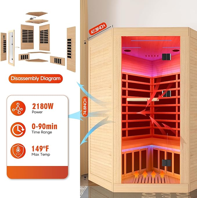 2-3 Person Sauna Corner Sauna Far Infrared Saunas Room Canadian Hemlock Indoor 2180W Low-EMF Dry Saunas with 7 Color Therapy