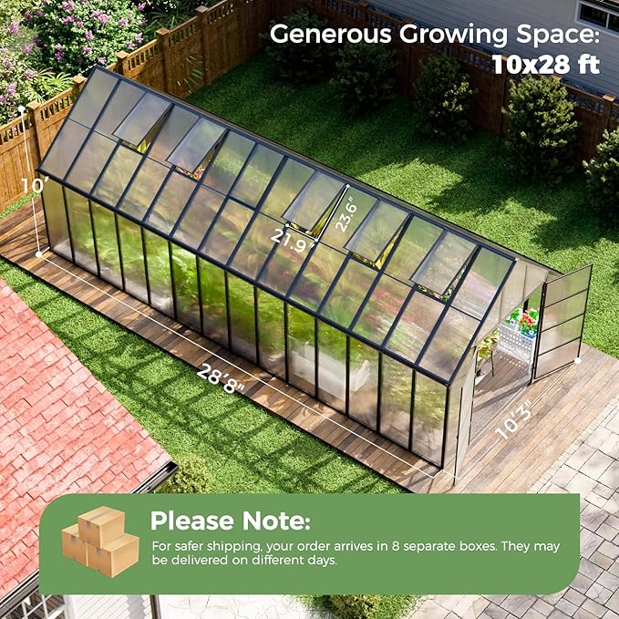28x10x10 FT Outdoor Greenhouse, Easy Assembly Large Thicker Aluminum Polycarbonate Kit, 6 Vent Windows, Walk-in, for Outside, Sunroom, Patio, Backyard