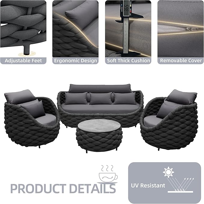 TWT Outdoor Patio Furniture Set, 5 Pieces Aluminum Sectional Sofa, Metal Patio Conversation Set with Threeseat & Armchair, Cushion and Coffee Table, Dark Grey