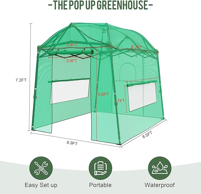 8.5 x 7 ft Large Walk-in Pop-Up Greenhouse, Portable Plant Tent with 4 Zipper Doors & 3 Height Adjustments, Heavy-Duty PE Cover for Outdoor/Indoor Use in All Weather
