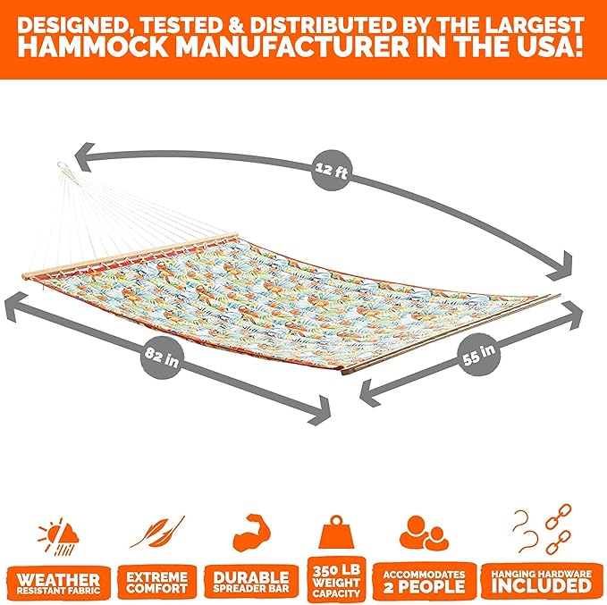 Castaway Living Large Floral Print Quilted Polyester Hammock – 12 ft. x 55 in., 350 lb Capacity, Free Extension Chains & Tree Hooks – Perfect for Garden, Patio & Outdoor Lounging
