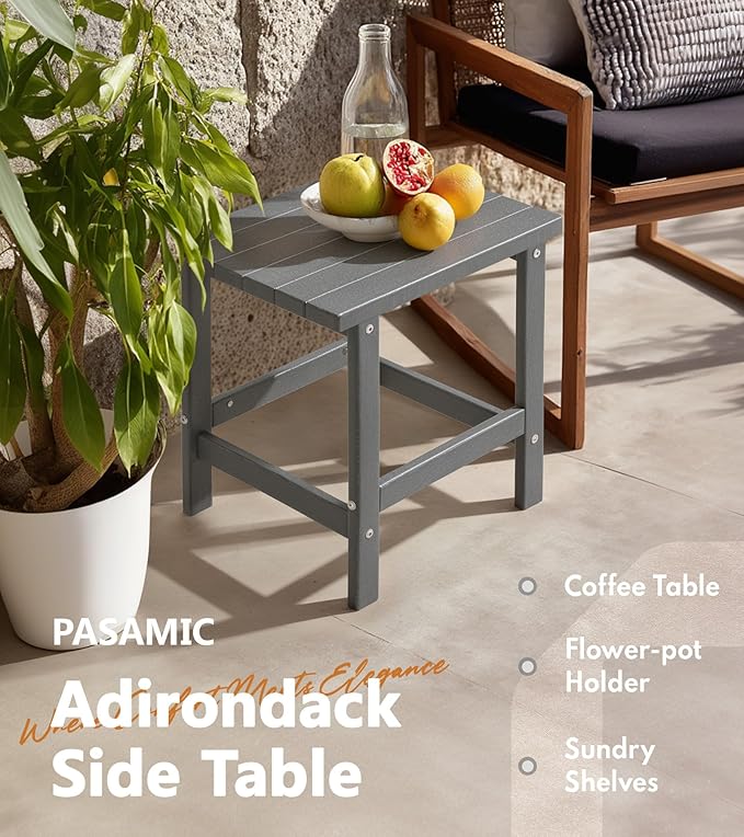 PASAMIC Adirondack Square Outdoor Side Table, HDPE Small Outdoor Table, Patio End Table for Patio, Pool, Backyard, Weather-Resistant (Grey)