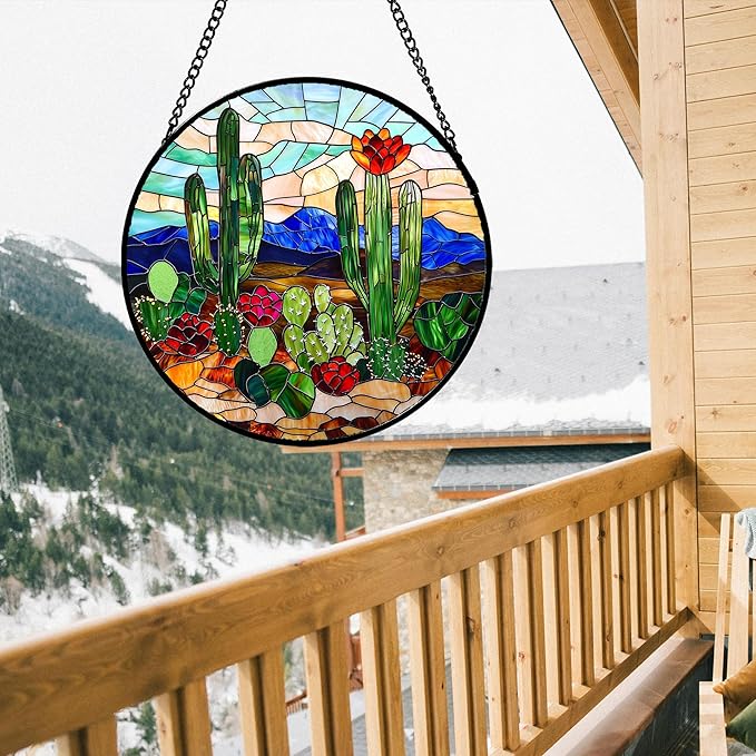 DASTOLL Stained Glass Window Hanging, Green Cactus Suncatcher for Doors Window Home Plant Landscape Sun Catchers Decoration Mother's Day Birthday Gifts for Women, Men, and Mom 11.8 in