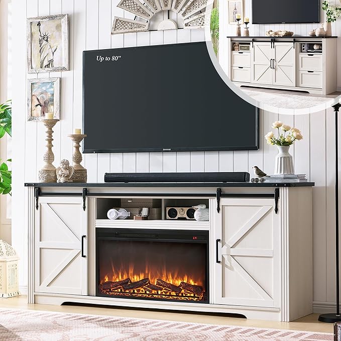 JXQTLINGMU Farmhouse Fireplace TV Stand for 75,80 Inch TV, 32" Tall Entertainment Center w/4 Drawers & Sliding Barn Door, 70-Inch Highboy Media Console for Living Room, Off White