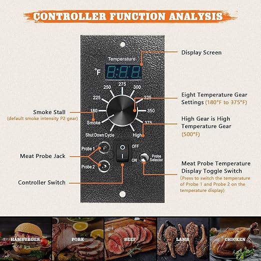 Digital Thermostat Controller Replacement Compatible with Traeger Wood Pellet Grills, with 2-Packs Meat Temperature Probe