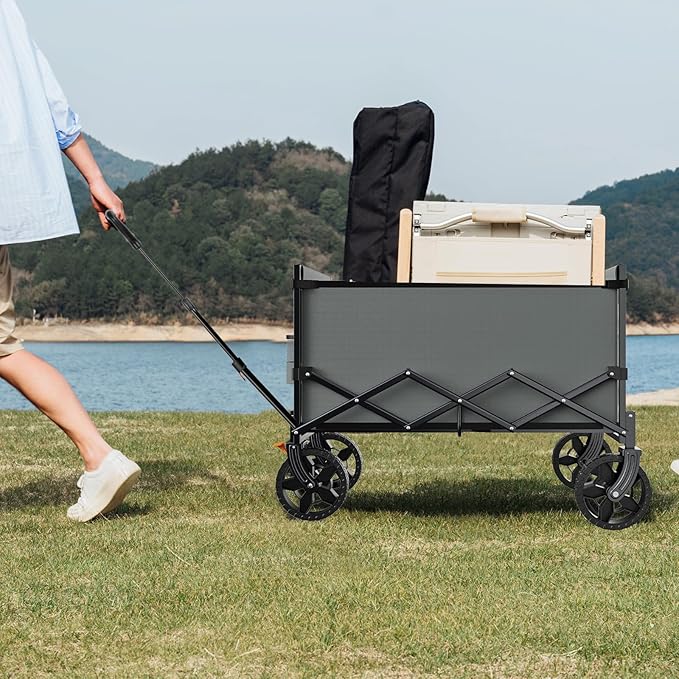 Navatiee 140L Wagon Cart Foldable, Large Capacity Collapsible Wagon with Smallest Folding Design, Utility Grocery Cart for Camping Shopping Sports, Gray
