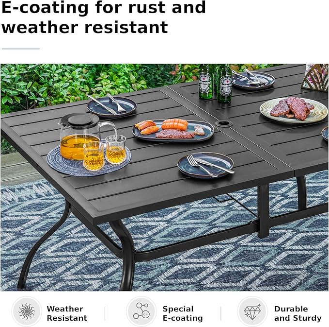 MFSTUDIO Outdoor Patio Dining Table, 6 Person Metal Patio Furniture Table with 1.57" Umbrella Hole for Deck,Backyard,Lawn,Garden (Black)