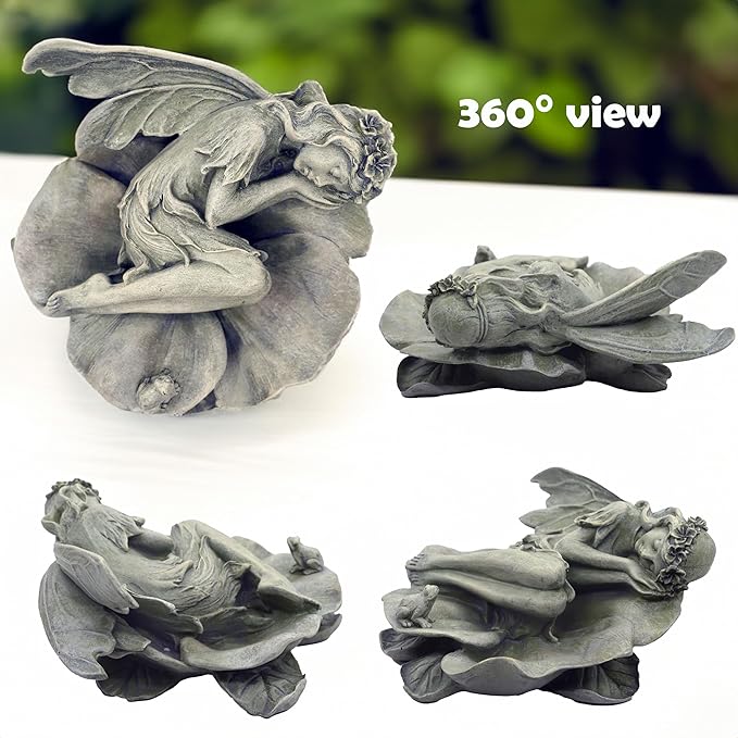 hvfun Garden Fairy Statue,Garden Sleeping Angel on Lotus Leaf with Bird Feeder Feature Outdoor Decor Sculptures Figurine Gardening Lawn