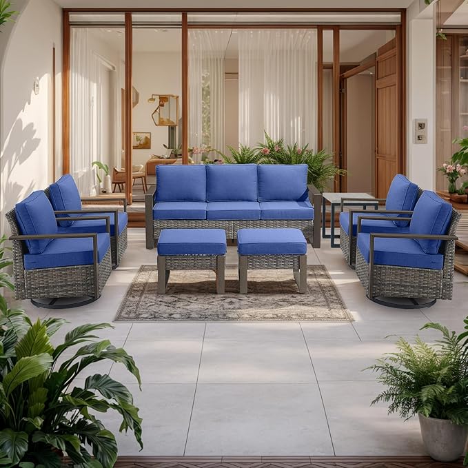 Rilyson Outdoor Wicker Patio Furniture Set - 8 Piece Patio Conversation Set with 4 Wicker Swivel Rocker Chairs,2 Rattan Ottoman 1 Side Table and 1 Couch,Thick Cushions,Deep Seating(Mixed Grey/Blue)