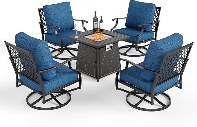 Patio Furniture Set with Fire Pit Table, 5 Pcs Metal Outdoor Conversation Set, 4 Swivel Chairs with 5.75" Extra Thick Cushion and 28" Fire Pit Table for Backyard Deck, Green Blue