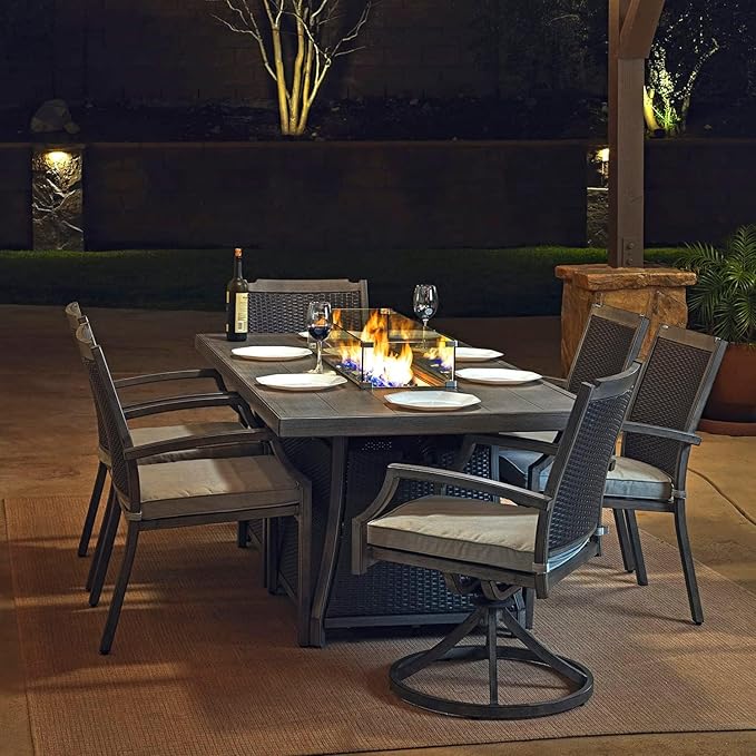 New Upgrade 7-Piece Rattan Patio Furniture Set, 76" Propane Fire Pit Table 50,000 BTU, 4 Dining & 2 Swivel Chairs Included, Cushion, CSA Certified, for Garden Backyard Outdoor Dining and Conversations