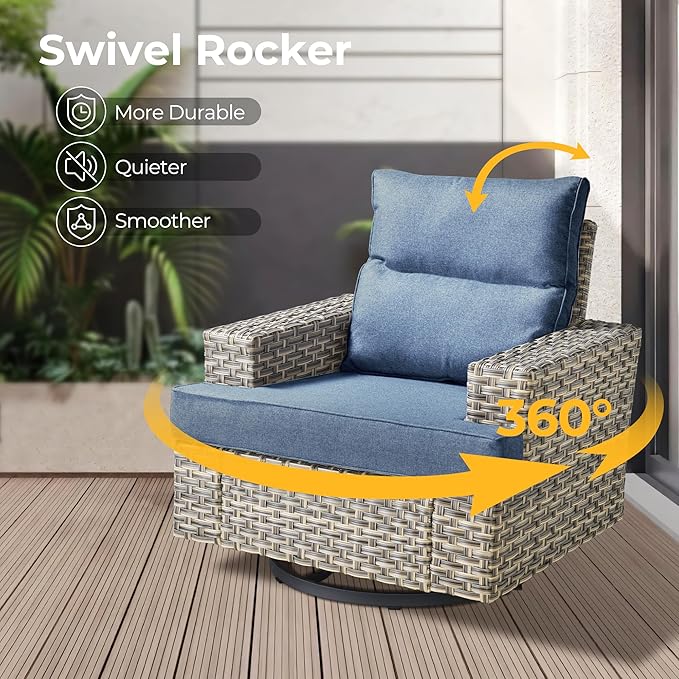 HOOOWOOO Outdoor Sectional Patio Furniture Set with Fire Pit Table,13 Pieces Wicker Conversation Sets L Shaped Couch,Extra Deep Out Door Sofa Outside Furniture with Swivel Chairs,Denim Blue