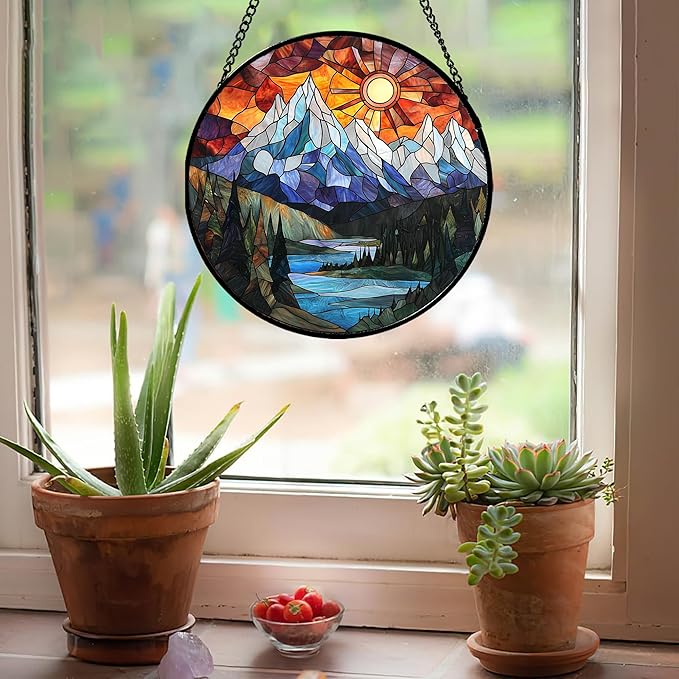 AMDERVEN Stained Glass Window Hanging - Colorful Mountain Lake Landscape Sun Catcher for Door Garden Home Decor Suncatcher Christmas Mother's Day Birthday Gifts for Women Men Mom Nana 6.3 in