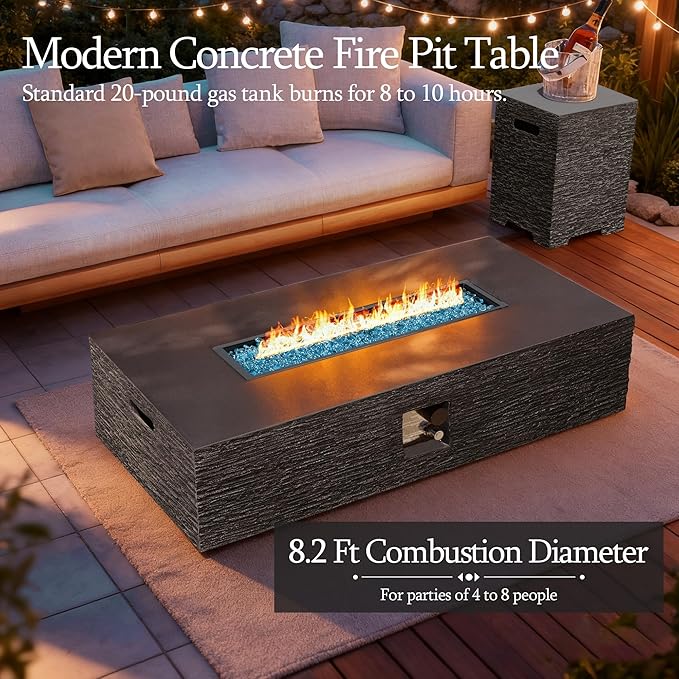 UPHA 56-inch Outdoor Propane Gas Fire Pit Table 50000 BTU Concrete Rectangle FirePit for Outside Patio with Wind Guad, Blue Glass Rocks, Rain Cover, Grey Horizontal Stripe